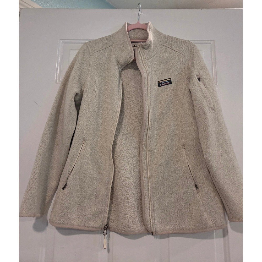 LL Bean Sweater Fleece Full Zip Jacket Oatmeal Beige Womens Medium 504888